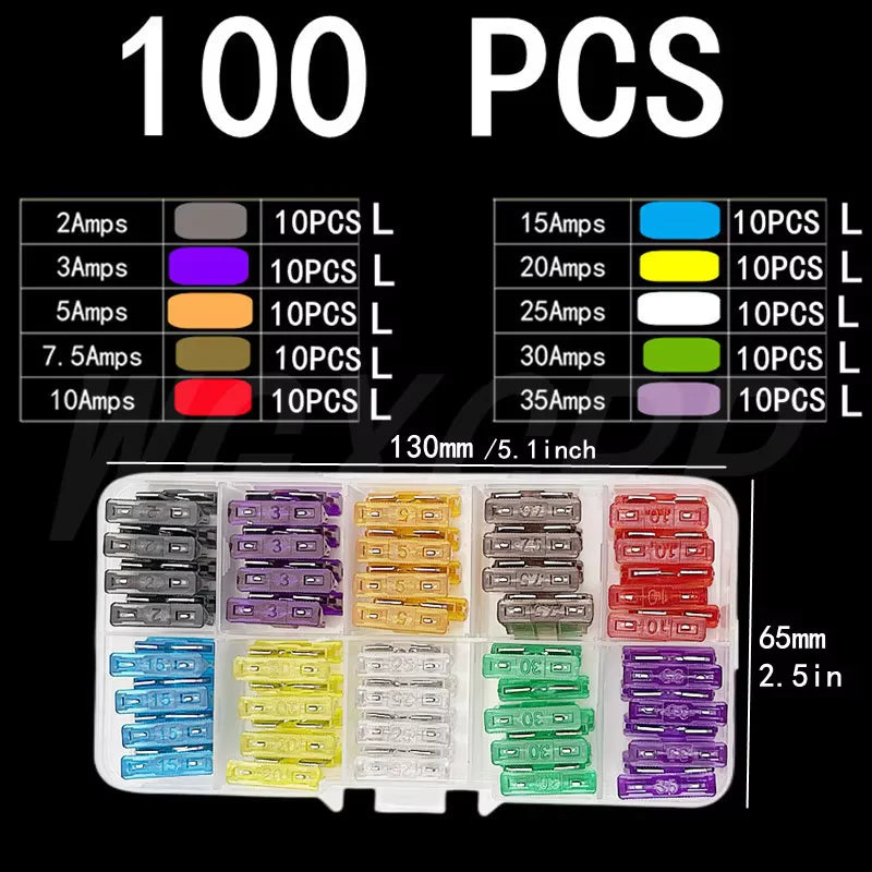 A set of 100 precision car fuses organized by amperage, showing various colored fuse holders.
