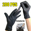 A hand wearing a black disposable nitrile glove is shown next to a box of gloves, indicating 200 pieces.