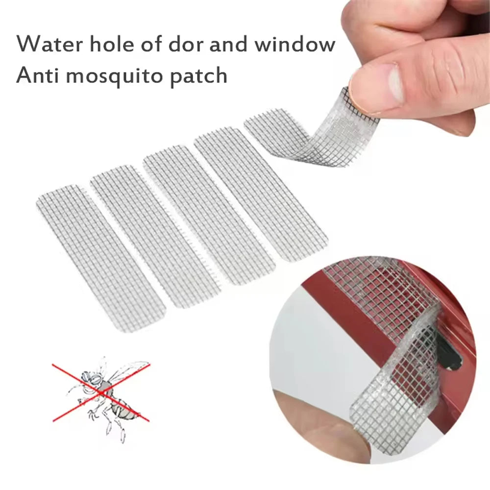 A hand is applying an anti-mosquito patch to a water hole in a door or window.