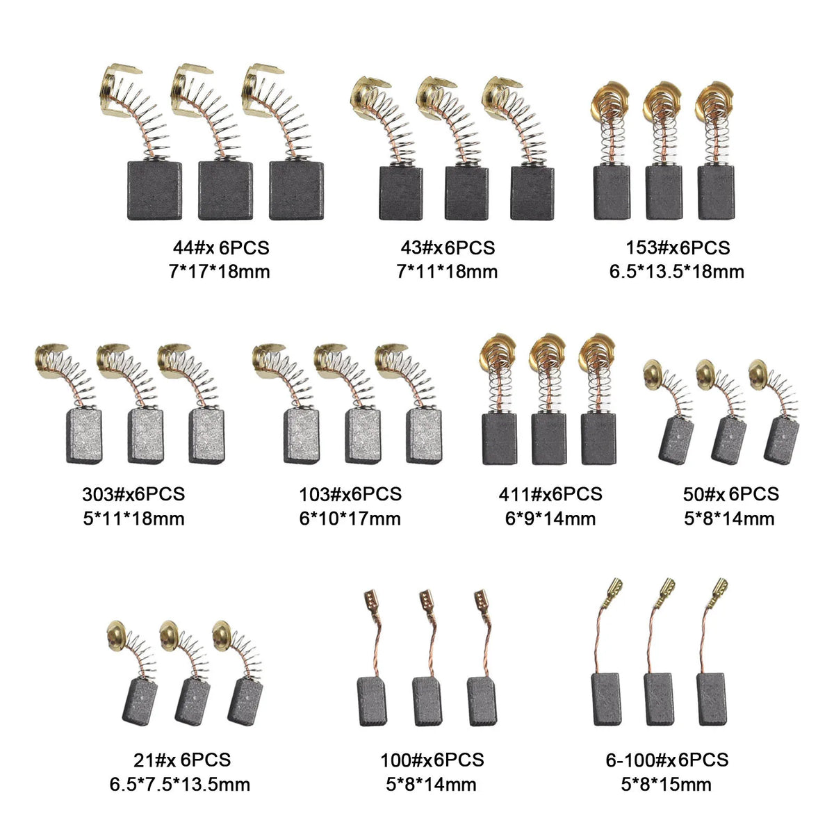 A collection of carbon brush sets for power tools, showing various sizes and configurations.