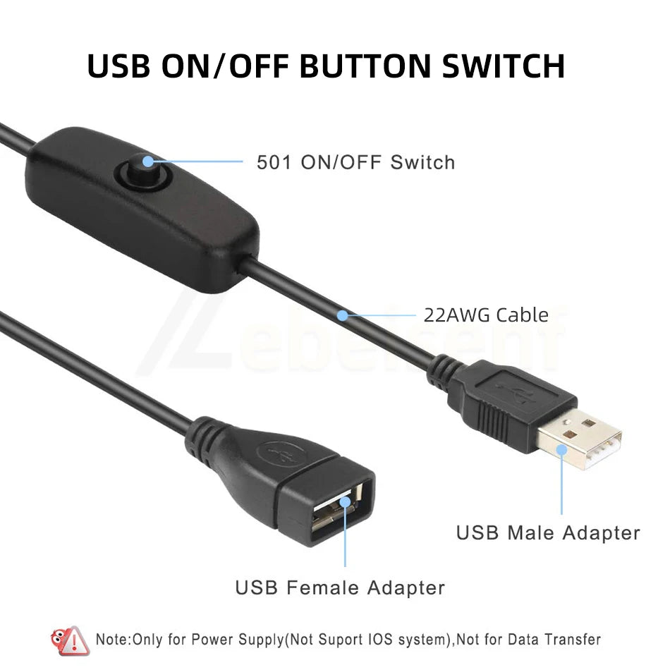 Black USB ON/OFF button switch and cable with male and female adapters for power supply.