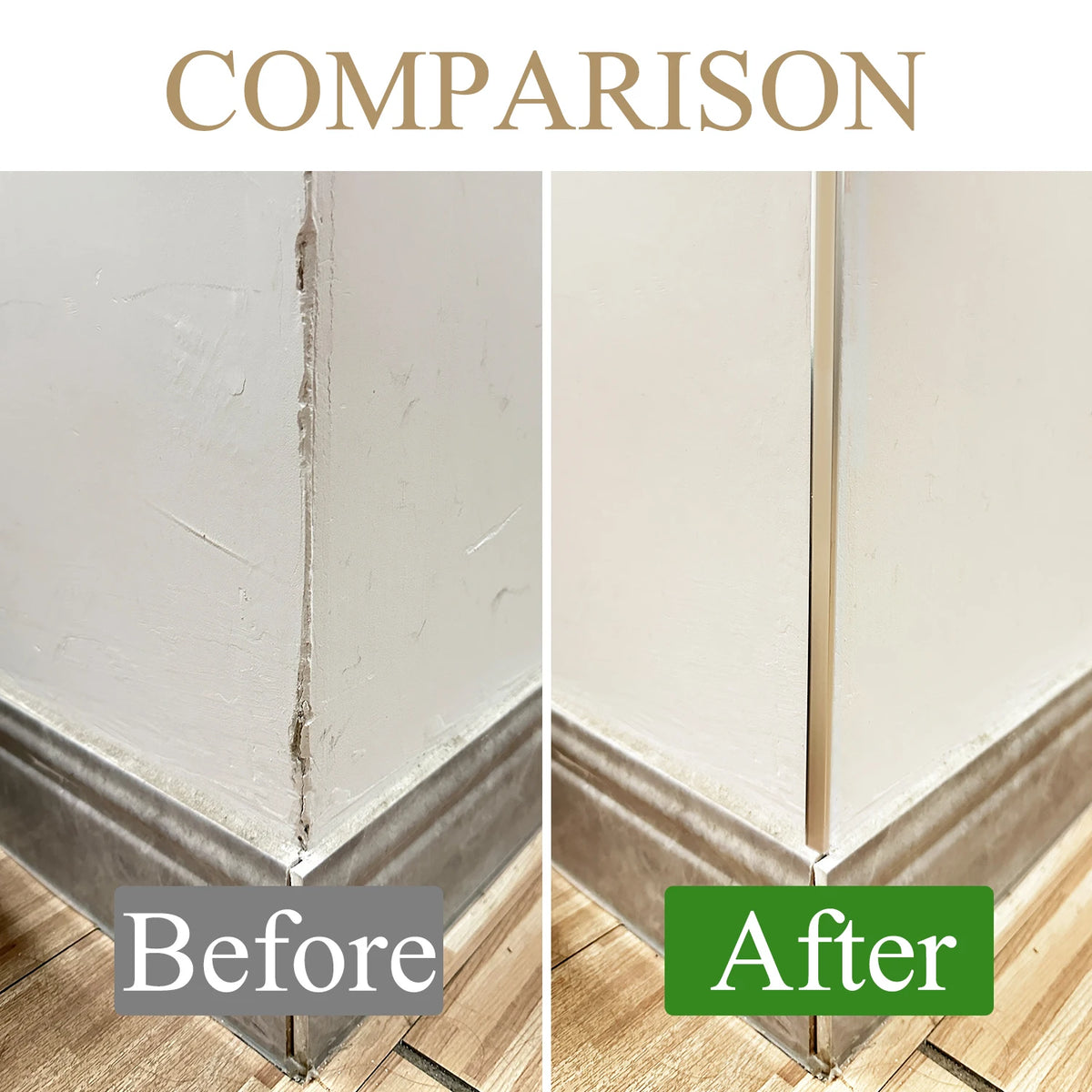 Comparison photo showing a before and after of an L-shaped metal wall corner strip installation for furniture decor.
