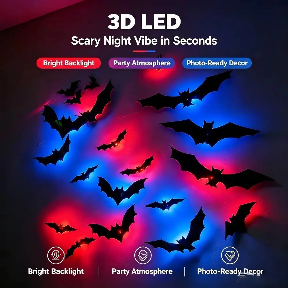 3D LED-Bat-Wanddekorationen-Set mit Fledermäusen in schwarz-lilaemision vor dunklem Hintergrund