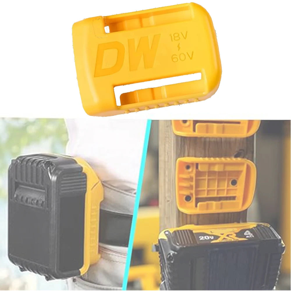 A yellow heavy duty battery storage mount is shown next to a black battery pack.