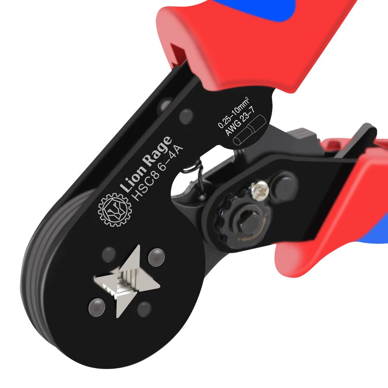 A close-up view of a black Lion Rage HSC8 6-4A crimping tool with a red handle and a wire stripper feature.