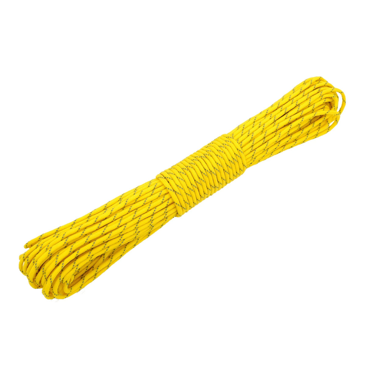 Un paquete de cuerda de paracord reflectante de alta resistencia de color amarillo brillante.