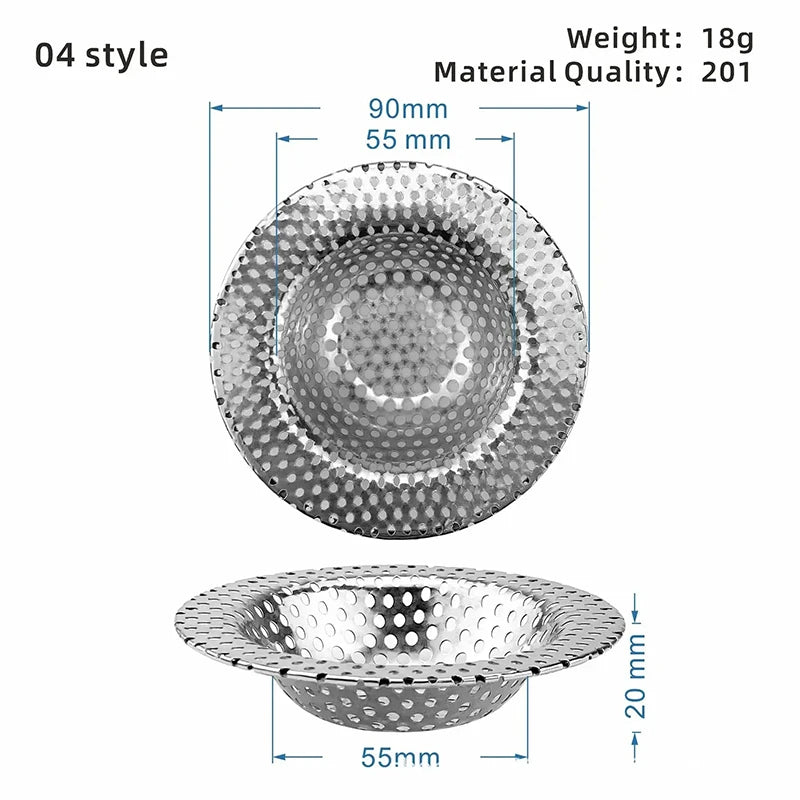 A stainless steel sink strainer drain filter mesh shown in multiple views, detailing its size and material quality.