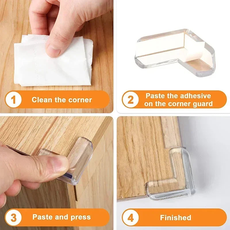 Step-by-step guide showing how to clean, paste, and press a silicone corner edge protector for baby safety onto a wooden surf