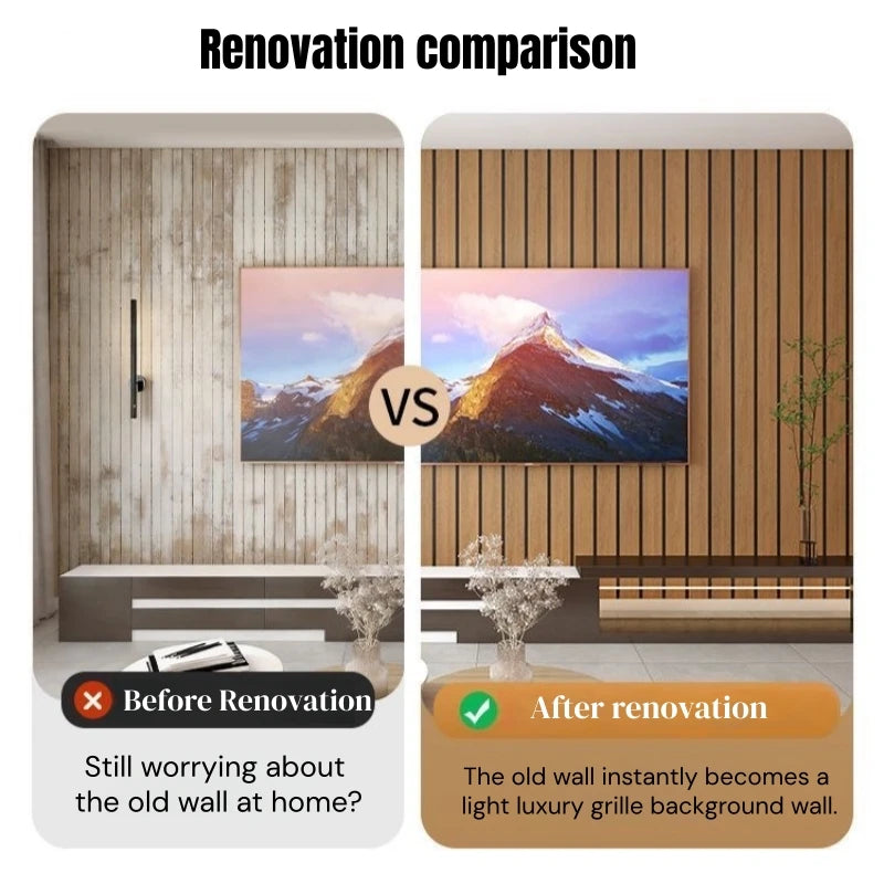 Comparación: pared antes de la renovación (pared vieja) y después (pared con rejilla de lujo clara).