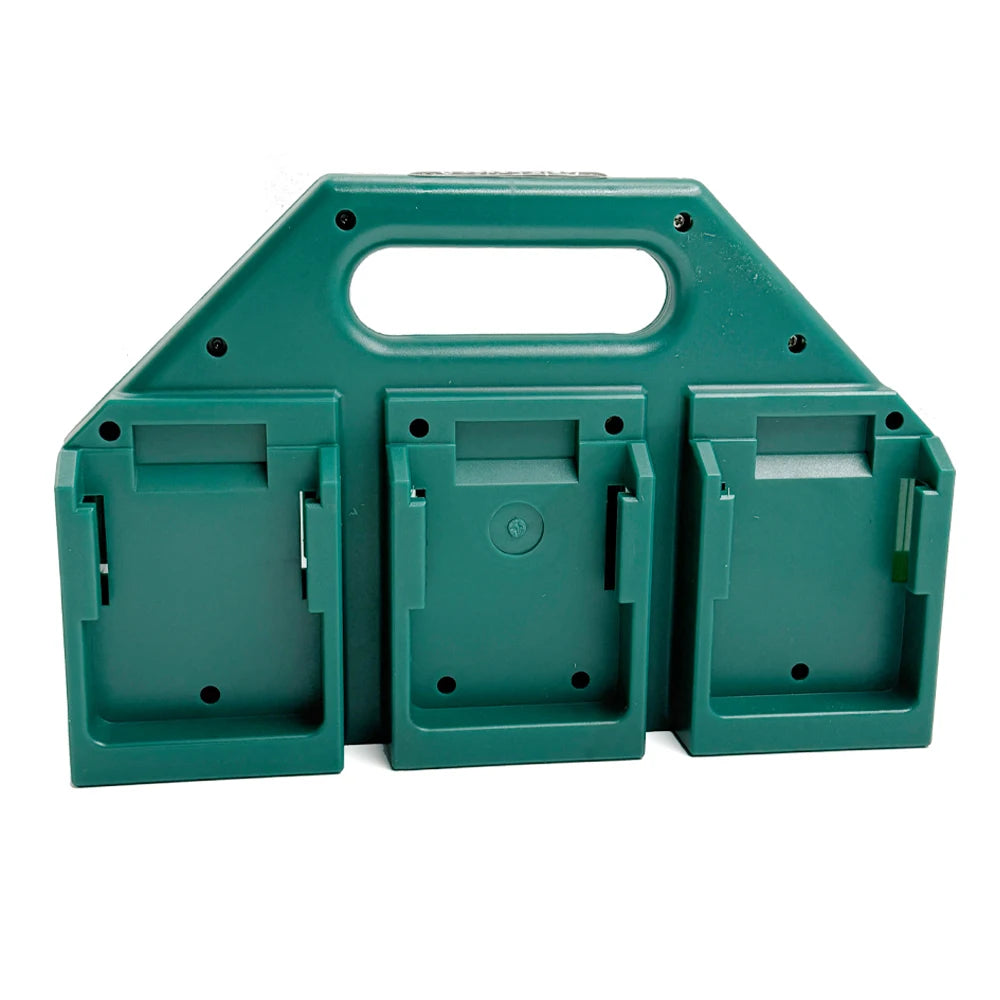 Tiefgrüner, robuster Akku-Organizer-Rack mit drei Fächern und Griff für Makita-Werkzeuge.