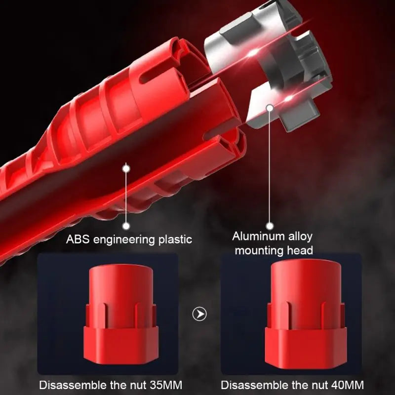 A red multi-functional plumbing wrench set showing a mounting head and disassembled nuts of different sizes.