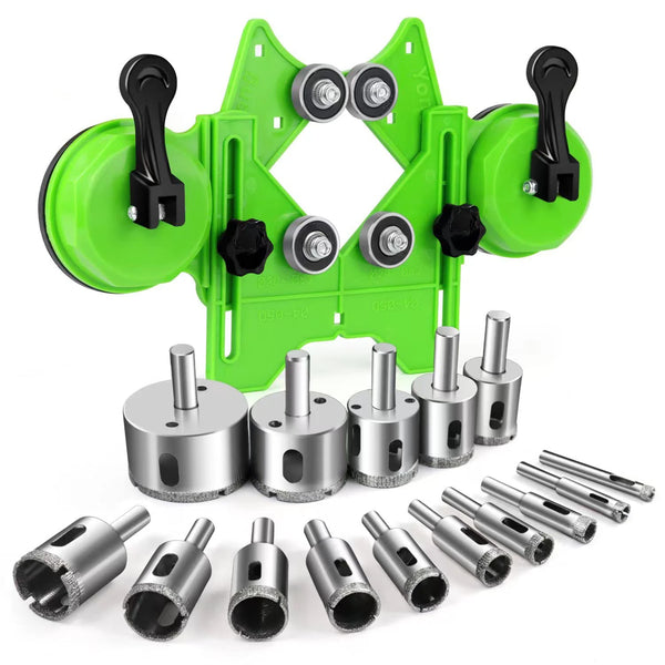 A green diamond suction cup tile drill guide with multiple drill bits and accessories.