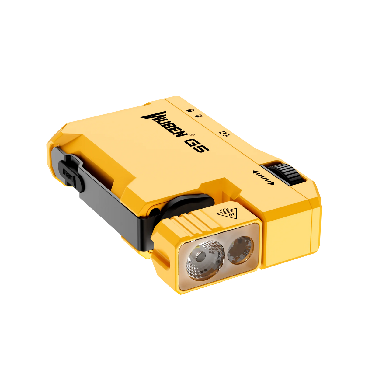 A yellow Wuben G5 rechargeable EDC flashlight shown from the side.