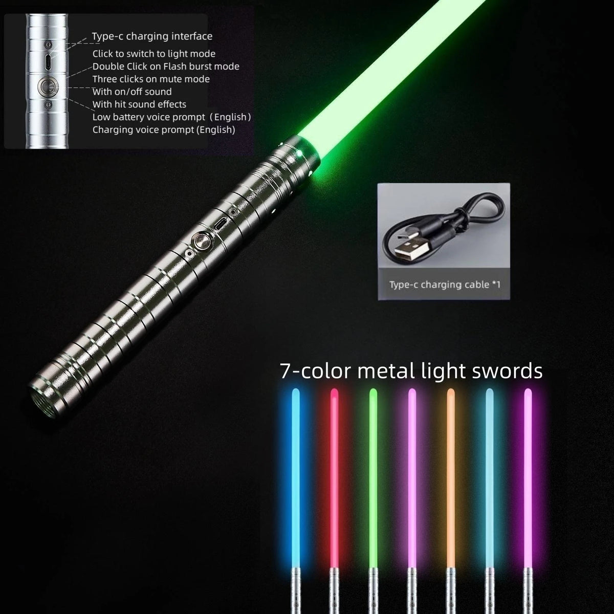 A close-up view of a metal light sword with an RGB LED blade and various sound effects options.