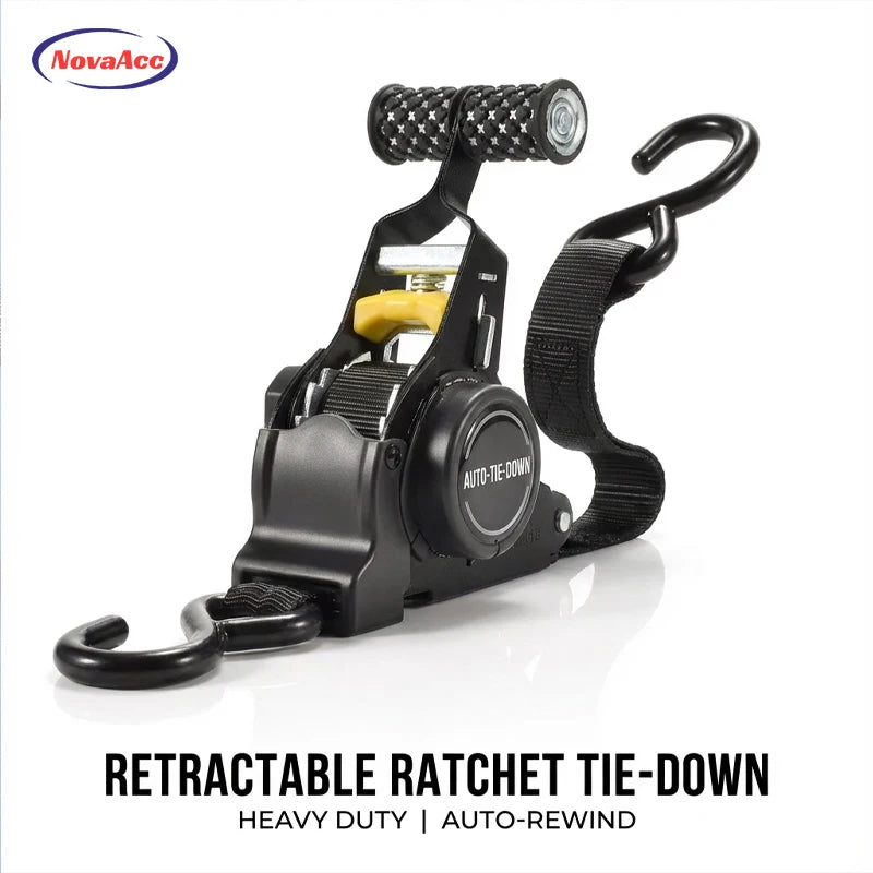 Black retractable ratchet tie-down strap with textured handles and auto-tie-down feature.