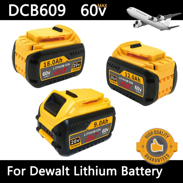 Yellow and black lithium-ion batteries for DeWalt power tools with a charger and an airplane graphic.