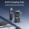 An INRS RJ45 crimping test device is shown next to various connectors and a cable tester.