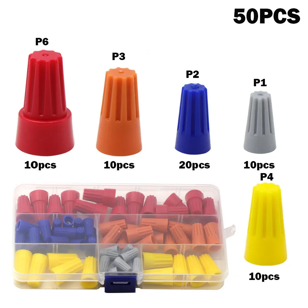 A collection of 50 insulated wire connector nuts in various colors and sizes, packaged for electrical wiring.