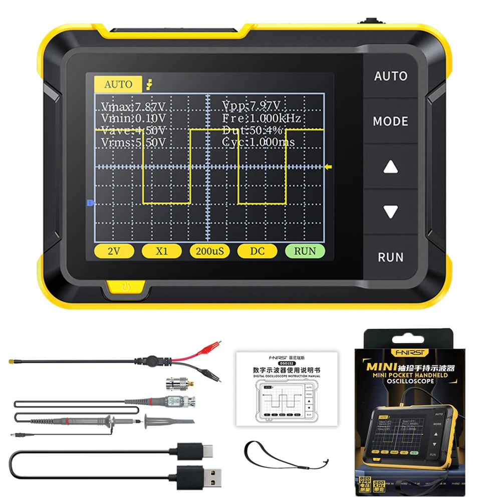 A yellow handheld digital oscilloscope with various cables and accessories shown.