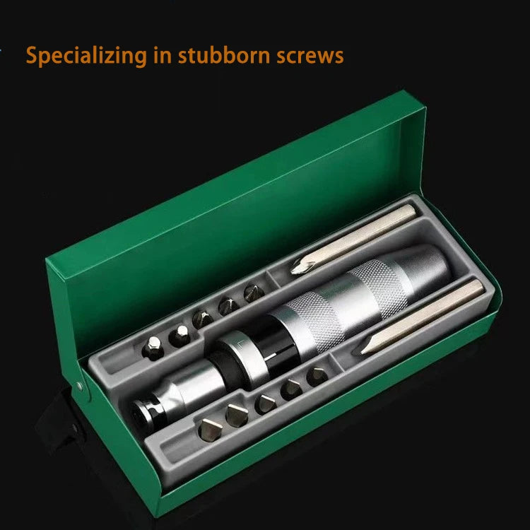 A green box containing a precision impact screwdriver set with several metal screwdrivers inside.