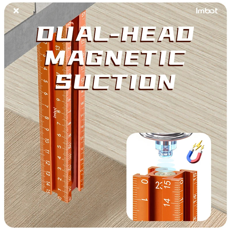 An orange dual-head magnetic suction marking ruler is shown next to a wooden surface and a close-up of its magnetic tip.