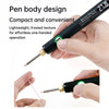 Une main tient un fer à souder corps en stylo noir avec une pointe, démontrant ses fonctionnalités compactes et pratiques.