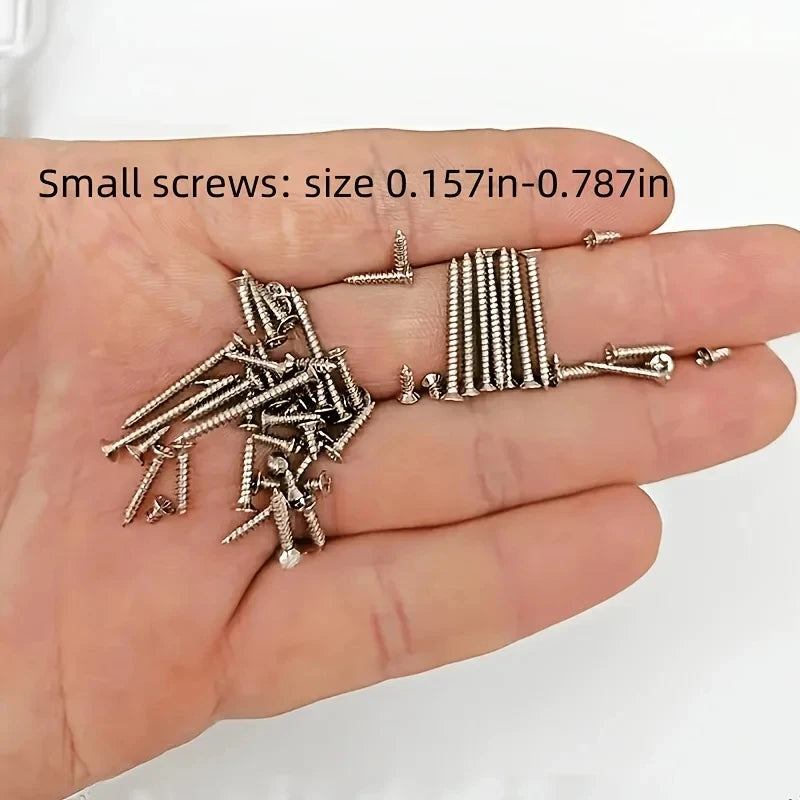 A hand holds a set of small self-tapping wood screws, measuring between 0.157 and 0.787 inches.