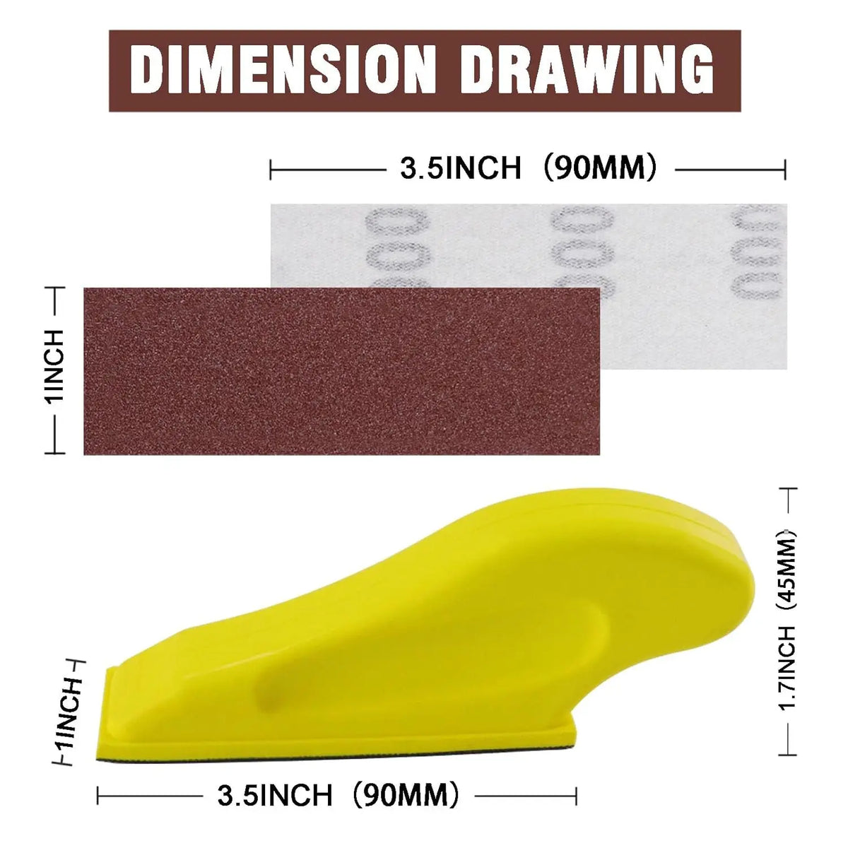Dimension drawing of a yellow precision grinder tool with 1 inch thickness and 3.5 inches length.