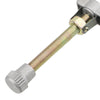 A metallic adjustable tool with a threaded shaft and a clamp is shown for removing car oil filters.