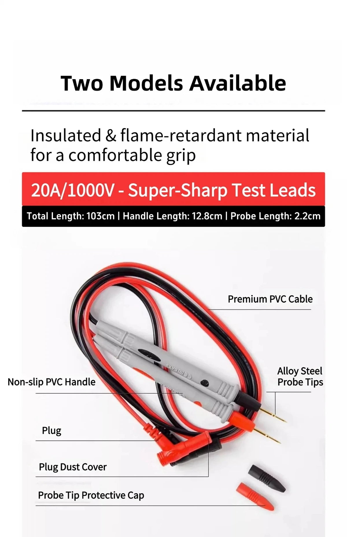 A set of insulated and flame-retardant test leads including a plug, dust cover, and probe tip protective cap.