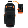 Black tool pouch with an orange quick release belt clip and a yellow arrow pointing to the clip.
