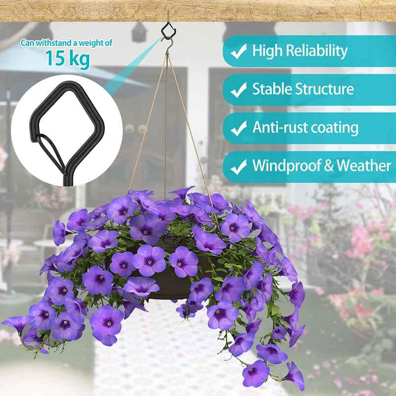 Black Q-hanger screw hooks holding a vibrant purple hanging flower display for outdoor decor