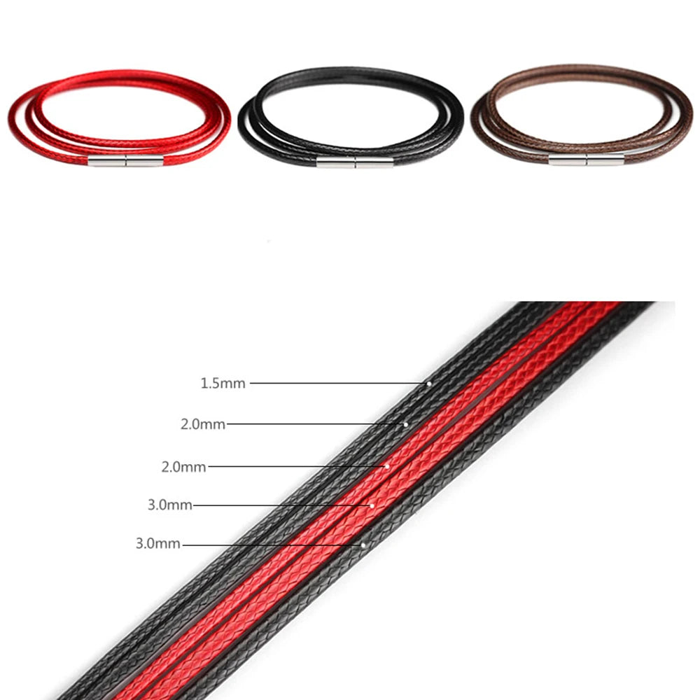 Three black and red waxed cord ropes of varying thicknesses shown in a diagonal view.
