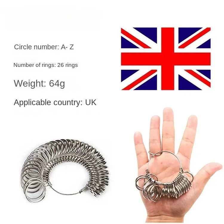 A precision stainless steel ring sizer gauge kit with a hexagonal ring and multiple rings shown next to a hand.