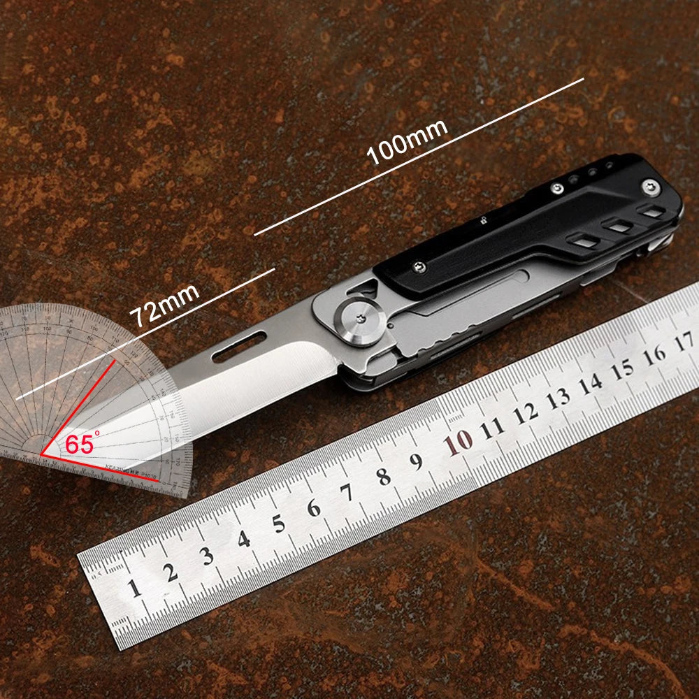 A compact multi-tool pocket knife is shown next to a ruler, demonstrating its blade length and angle.