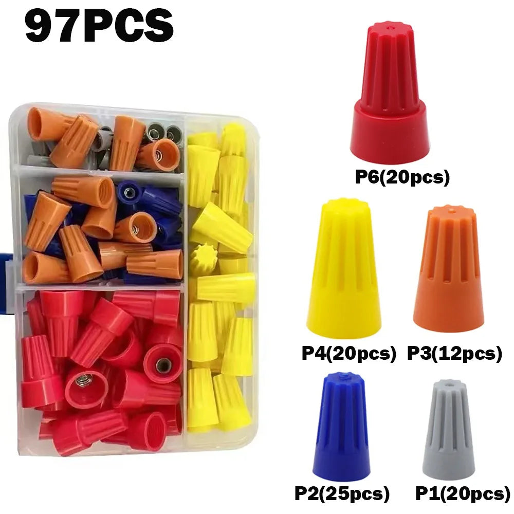 A collection of 97 pieces of insulated wire connector nuts in various colors and sizes, including P6, P4, P3, P2, and P1.