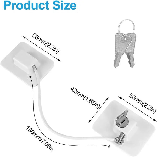 A white window safety lock with an adhesive cable restrictor and a metal key is shown.