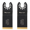 A pair of black titanium coated oscillating saw blades with gold-colored teeth and a yellow-colored base.