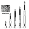 A set of precision magnetic drill bits for metal work shown in various views and a close-up of the non-slip barbed tip.
