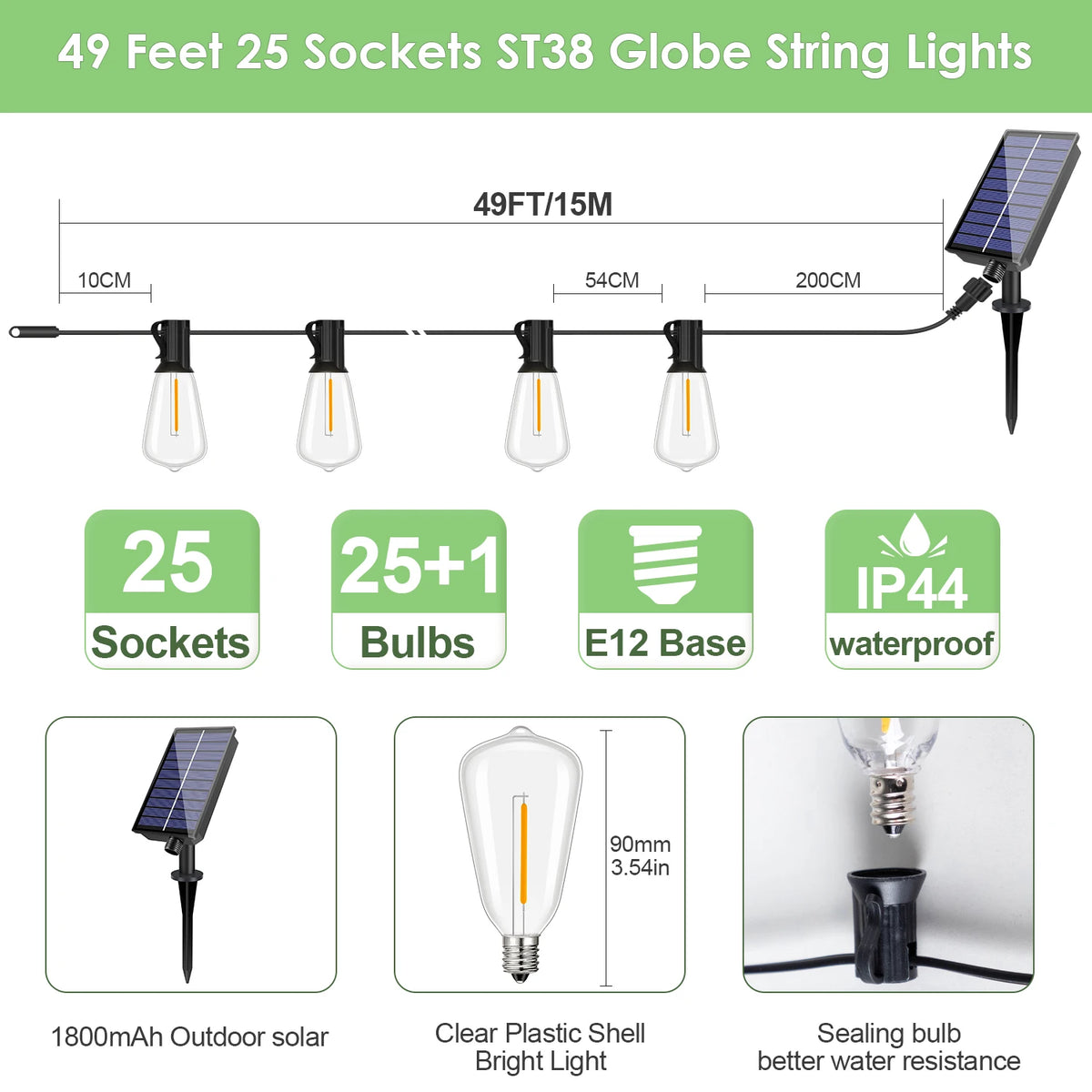 49 feet of ST38 globe string lights with 25 sockets and 25+1 bulbs featuring an IP44 waterproof design.