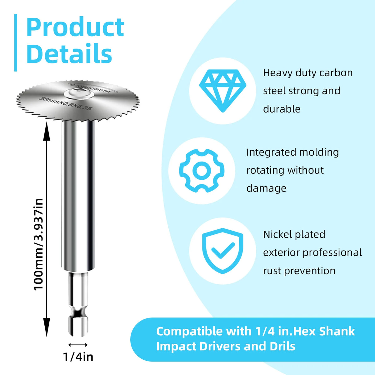 A silver impact driver bit with a 100mm shank and 1/4 inch shaft, featuring diamond-shaped cutting edges.
