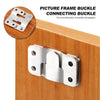 A silver picture frame buckle connecting buckle attached to a wooden frame.