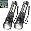 A pair of high-power rechargeable LED tactical flashlights with black and silver bodies and yellow light beams.