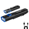 A black tactical flashlight with a blue light, shown in a horizontal view.