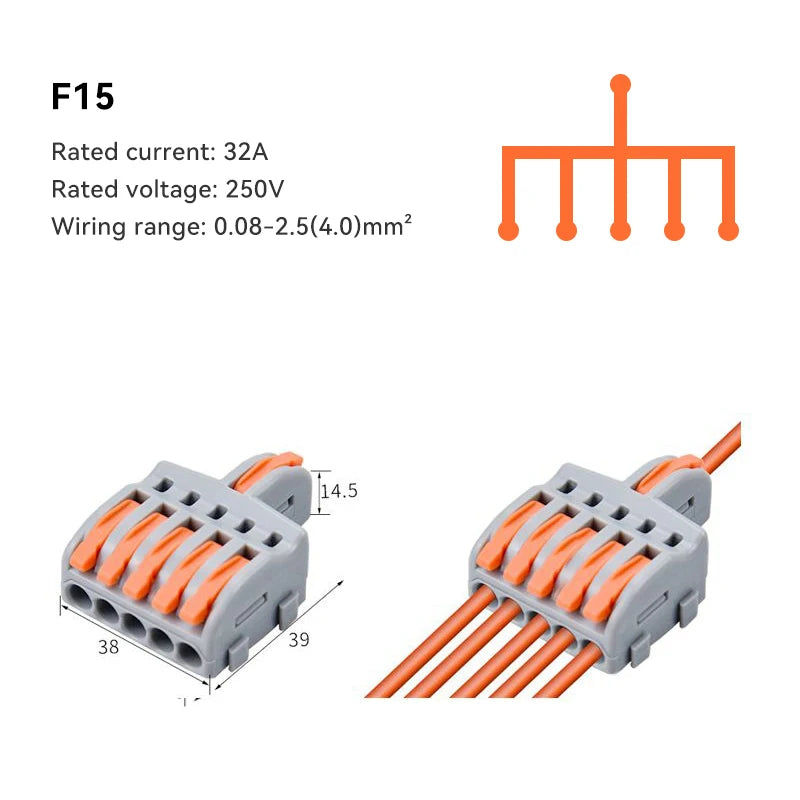 A set of F15 electrical push-in connectors with orange wires and gray plastic housing.