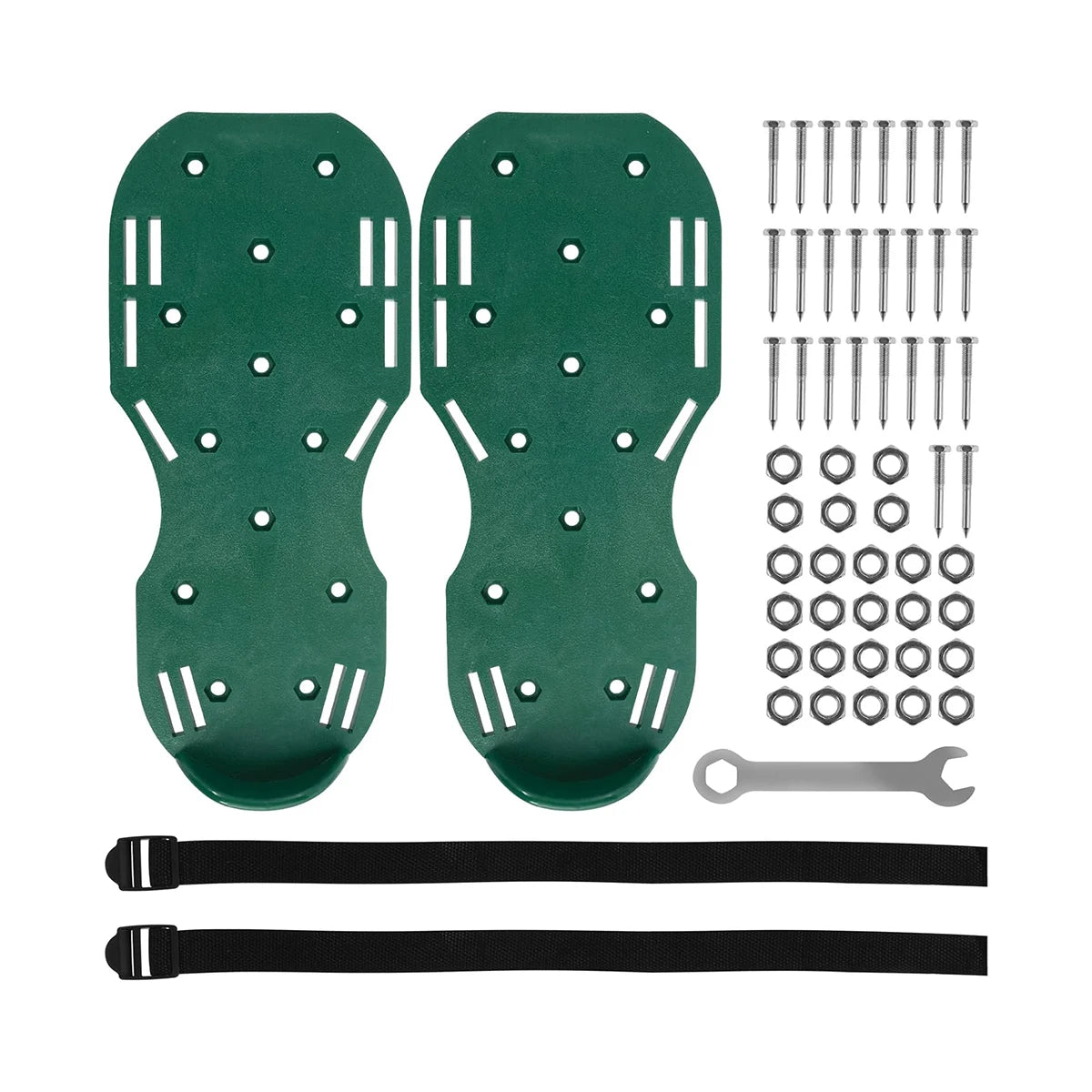 Set dunkle grüne, verstellbare Rasen-Aerator-Schuhe mit verschiedenen Befestigungen und Riemen.