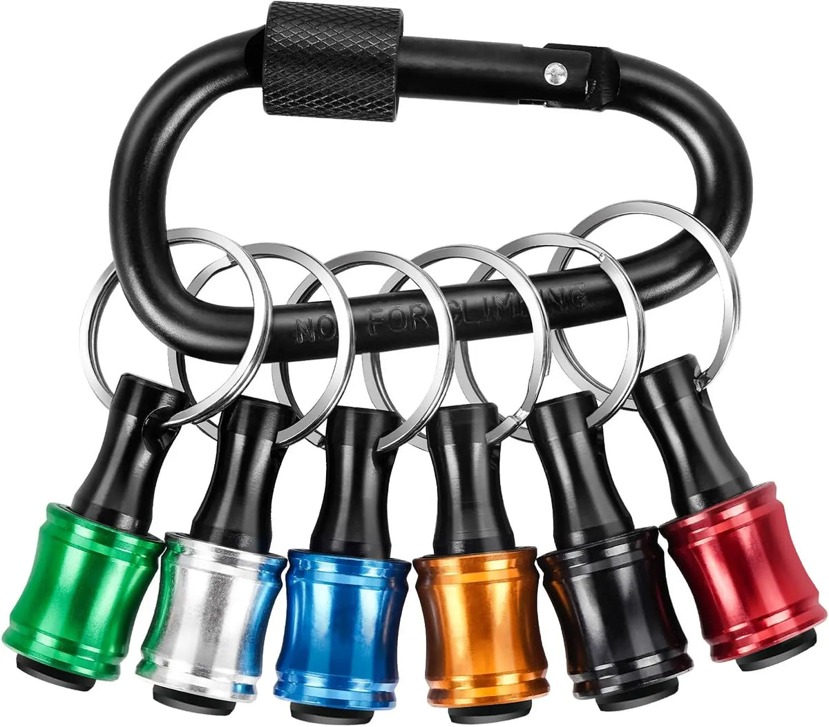 A set of 12 interchangeable 1/4 socket bit holders and extension bars attached to a black keychain.