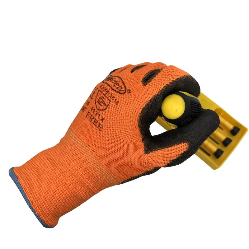 An orange heavy-duty work glove with a black palm and yellow grip is shown being worn over a yellow tool.