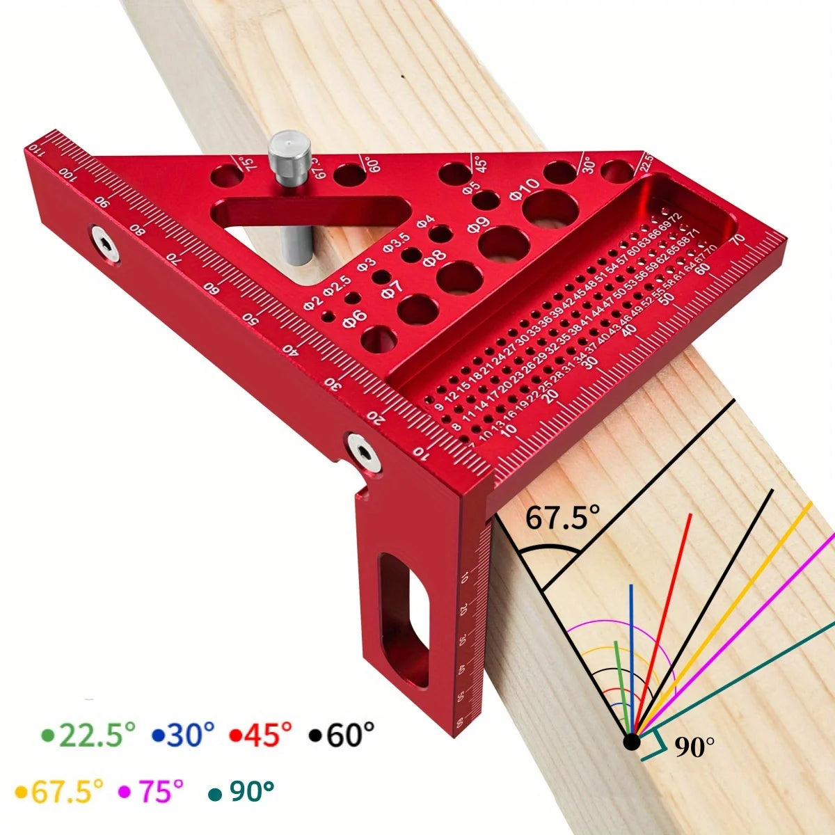 Red precision aluminum square protractor with a 67.5 degree angle marked on a wooden surface.
