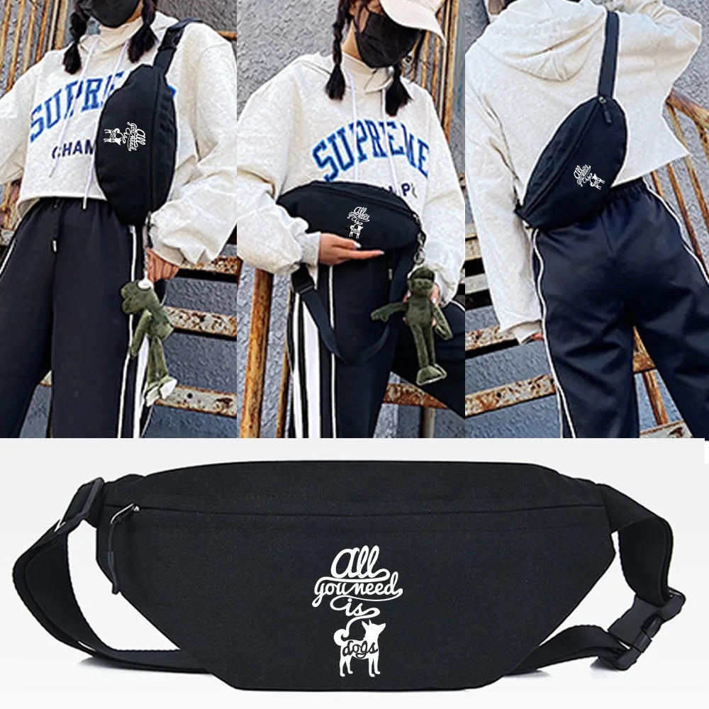 Black linen crossbody waist bag featuring a silhouette of a dog.
